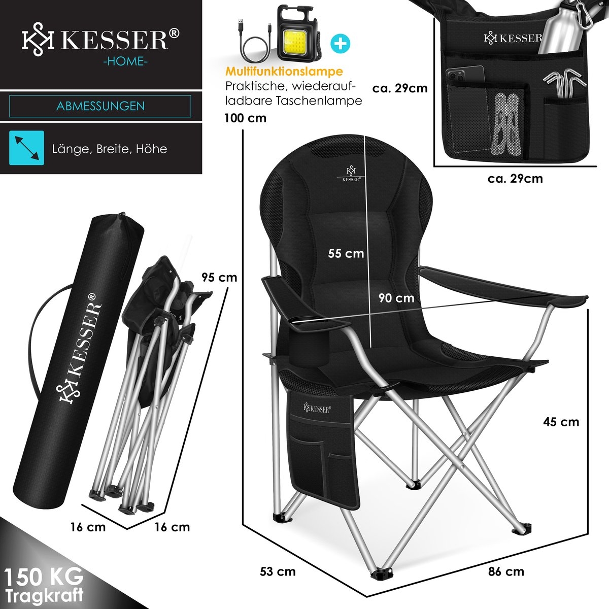 Campingstoel tot 150 kg - kampeerstoel met bekerhouder en tas - opvouwbaar - zwart - Afbeelding 9