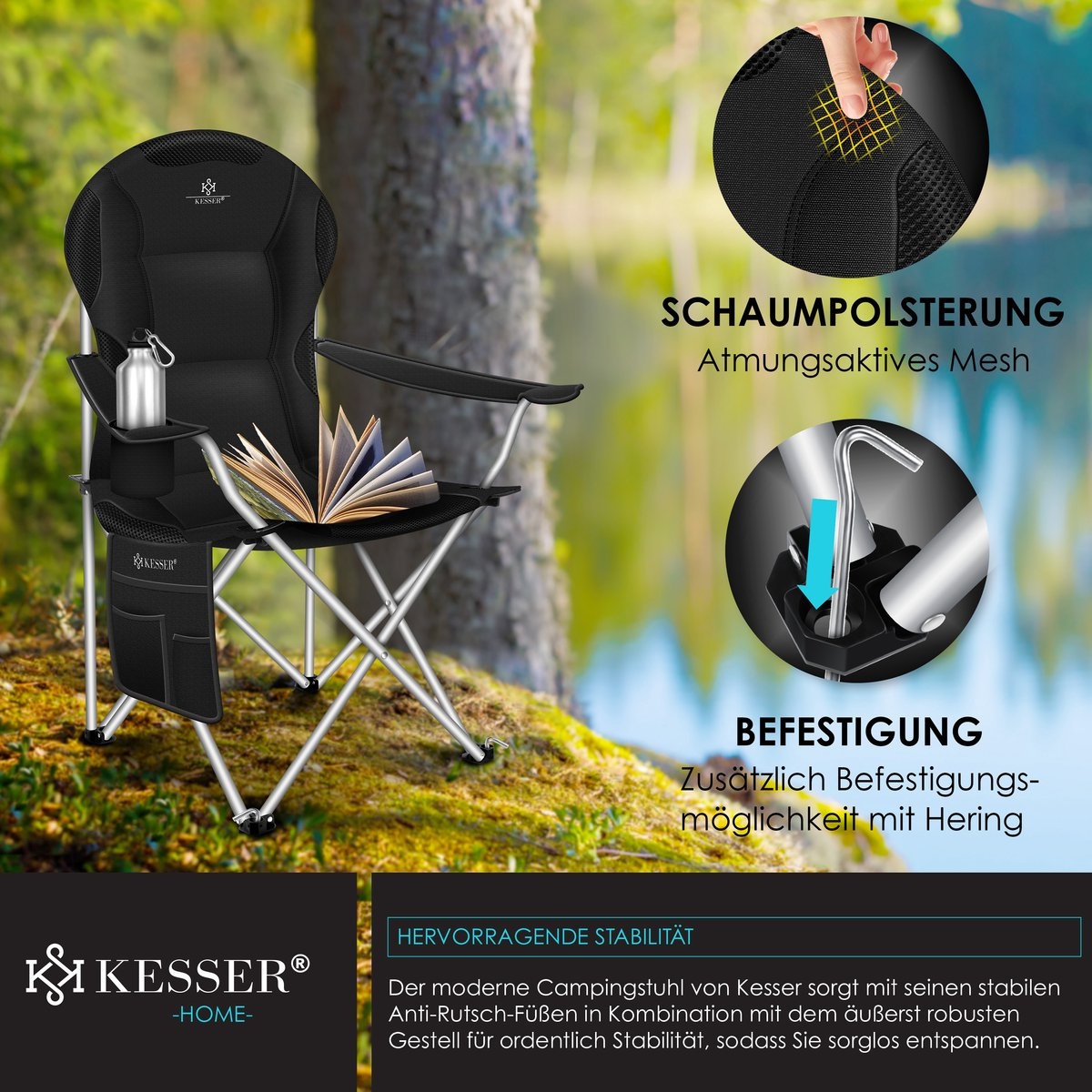Campingstoel tot 150 kg - kampeerstoel met bekerhouder en tas - opvouwbaar - zwart - Afbeelding 10