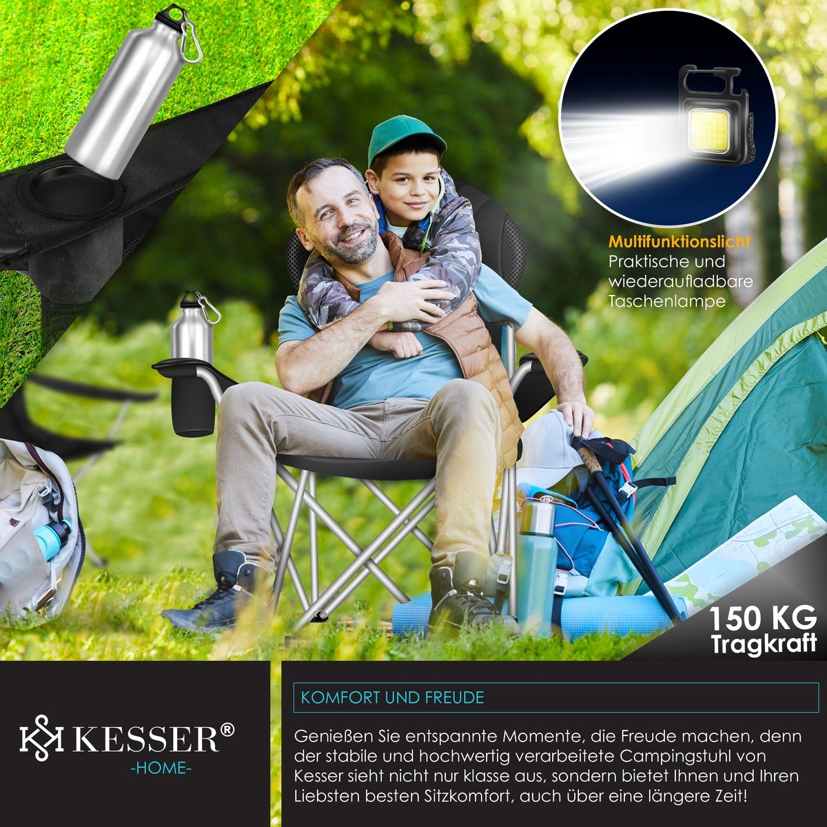 Campingstoel tot 150 kg - kampeerstoel met bekerhouder en tas - opvouwbaar - zwart - Afbeelding 11