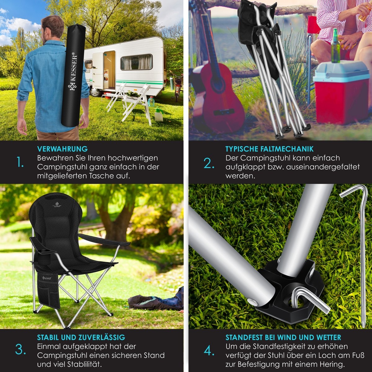 Campingstoel tot 150 kg - kampeerstoel met bekerhouder en tas - opvouwbaar - zwart - Afbeelding 12