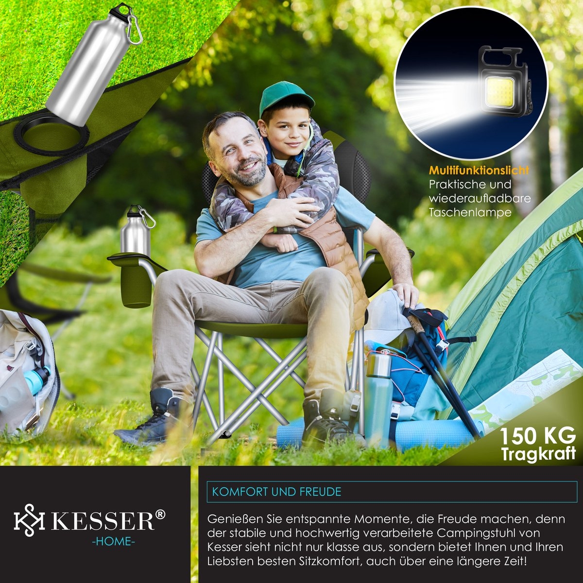 Campingstoel tot 150 kg – kampeerstoel met bekerhouder en tas – opvouwbaar – khaki - Afbeelding 3