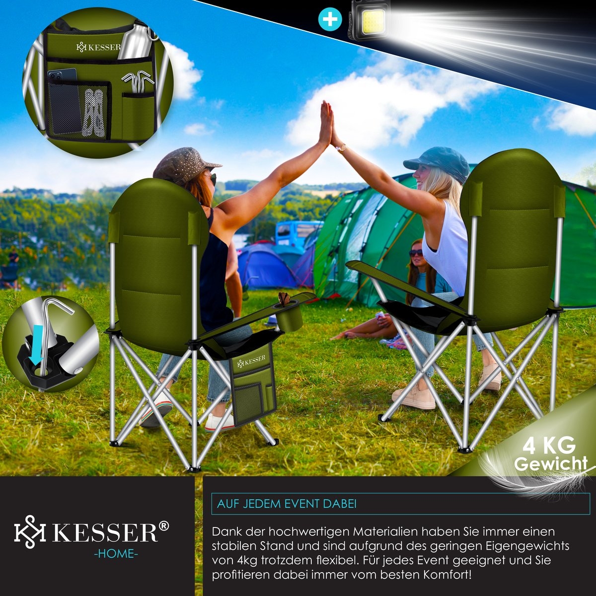 Campingstoel tot 150 kg – kampeerstoel met bekerhouder en tas – opvouwbaar – khaki - Afbeelding 6