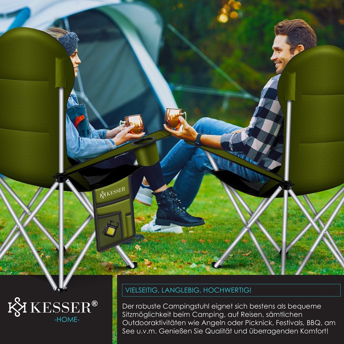 Campingstoel tot 150 kg – kampeerstoel met bekerhouder en tas – opvouwbaar – khaki - Afbeelding 7