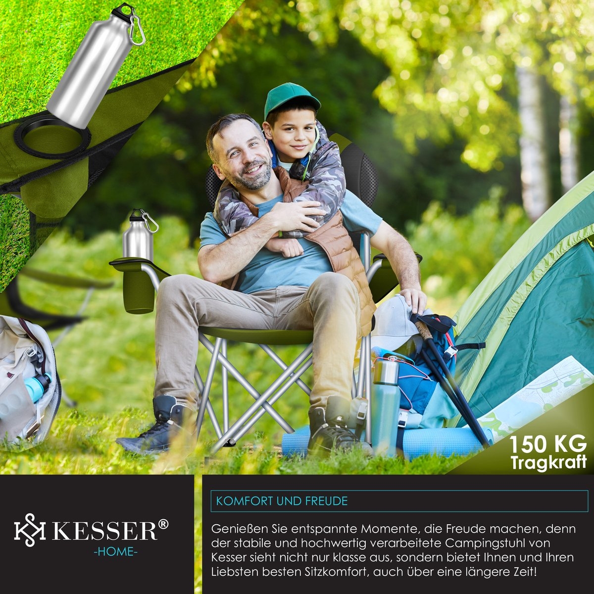 Campingstoel tot 150 kg – kampeerstoel met bekerhouder en tas – opvouwbaar – khaki - Afbeelding 9