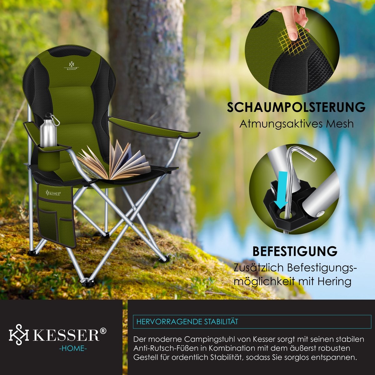 Campingstoel tot 150 kg – kampeerstoel met bekerhouder en tas – opvouwbaar – khaki - Afbeelding 12