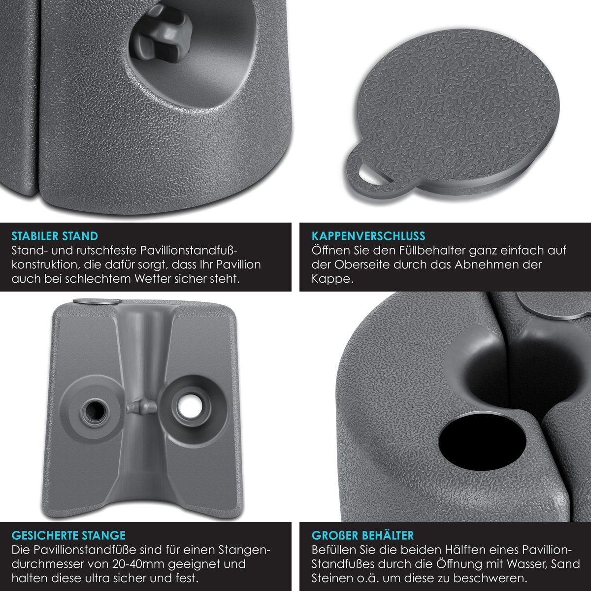 Gewichten voor partytent en paviljoen - set van 4 - Vulbare voet met water / zand - verzwaring voor tenten - antraciet - Afbeelding 7