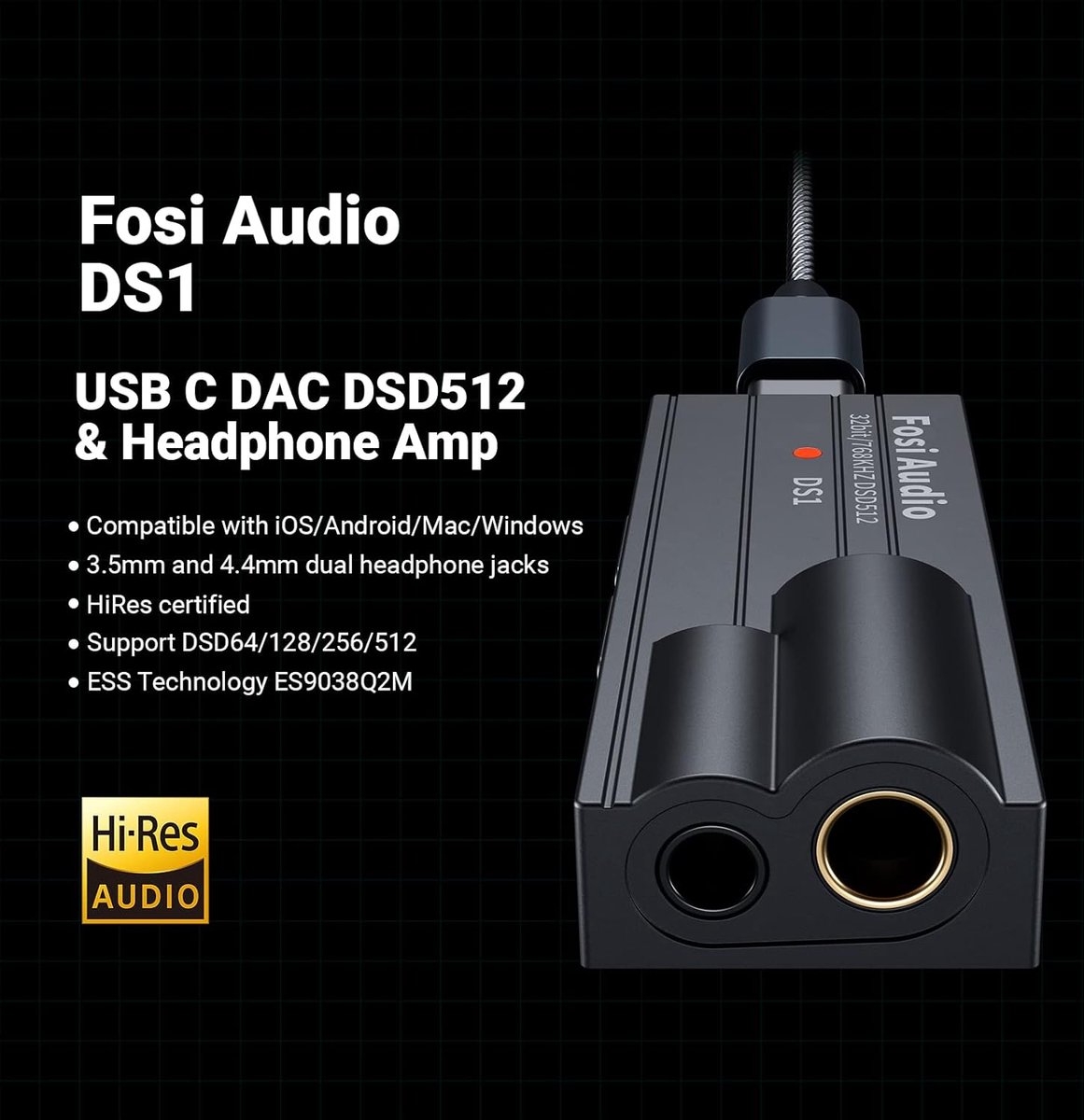 Fosi Audio DS1 - Mini Audio Hoofdtelefoon - versterker - adapter - DSD512 HiFi USB C DAC ES9038Q2M - Afbeelding 2