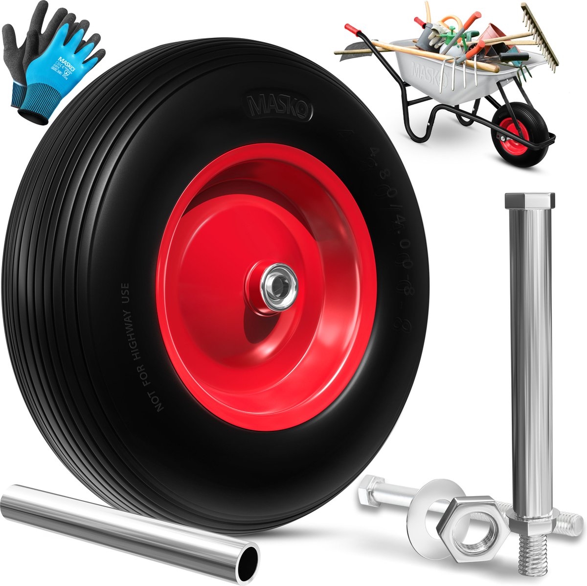 PU Kruiwagenwiel - massief rubber 4.80/4.00-8 Ø 390mm - inclusief as - vervangwiel voor kruiwagen - zwart met rood