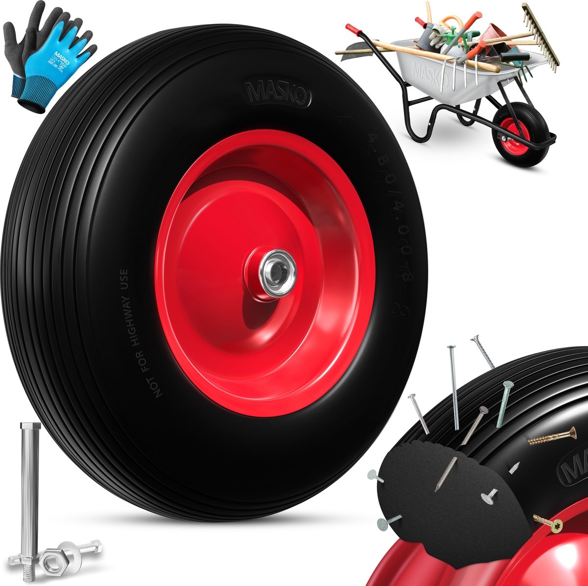 PU Kruiwagenwiel - massief rubber 4.80/4.00-8 Ø 390mm - inclusief as - vervangwiel voor kruiwagen - zwart met rood - Afbeelding 2