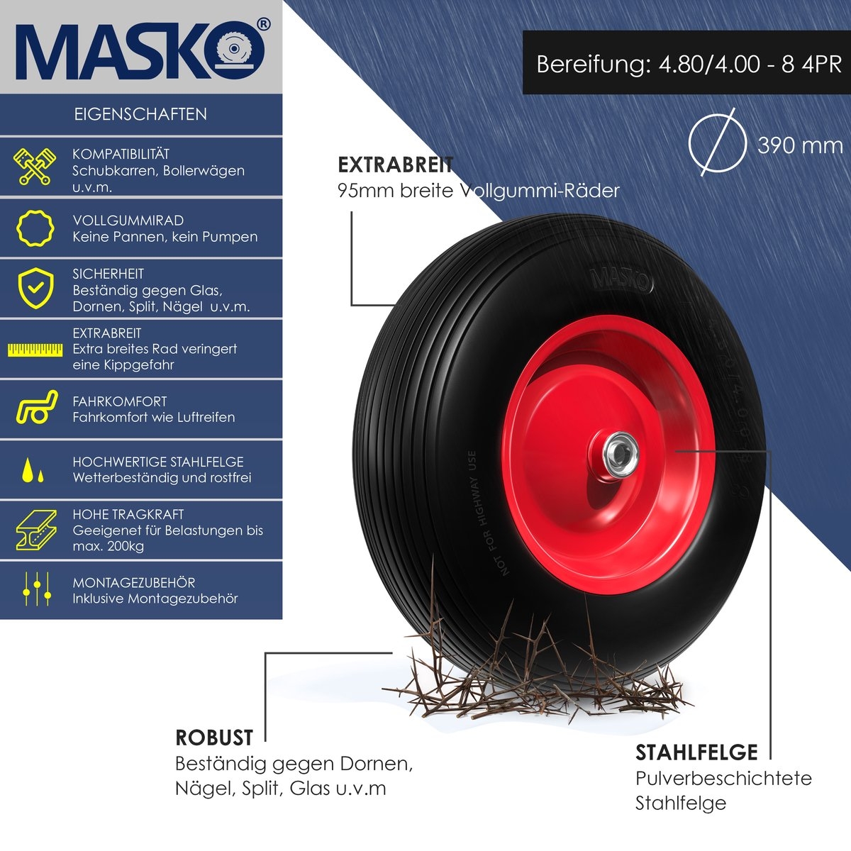 PU Kruiwagenwiel - massief rubber 4.80/4.00-8 Ø 390mm - inclusief as - vervangwiel voor kruiwagen - zwart met rood - Afbeelding 3