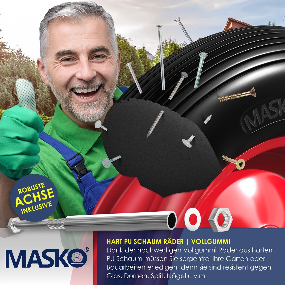 PU Kruiwagenwiel - massief rubber 4.80/4.00-8 Ø 390mm - inclusief as - vervangwiel voor kruiwagen - zwart met rood - Afbeelding 4