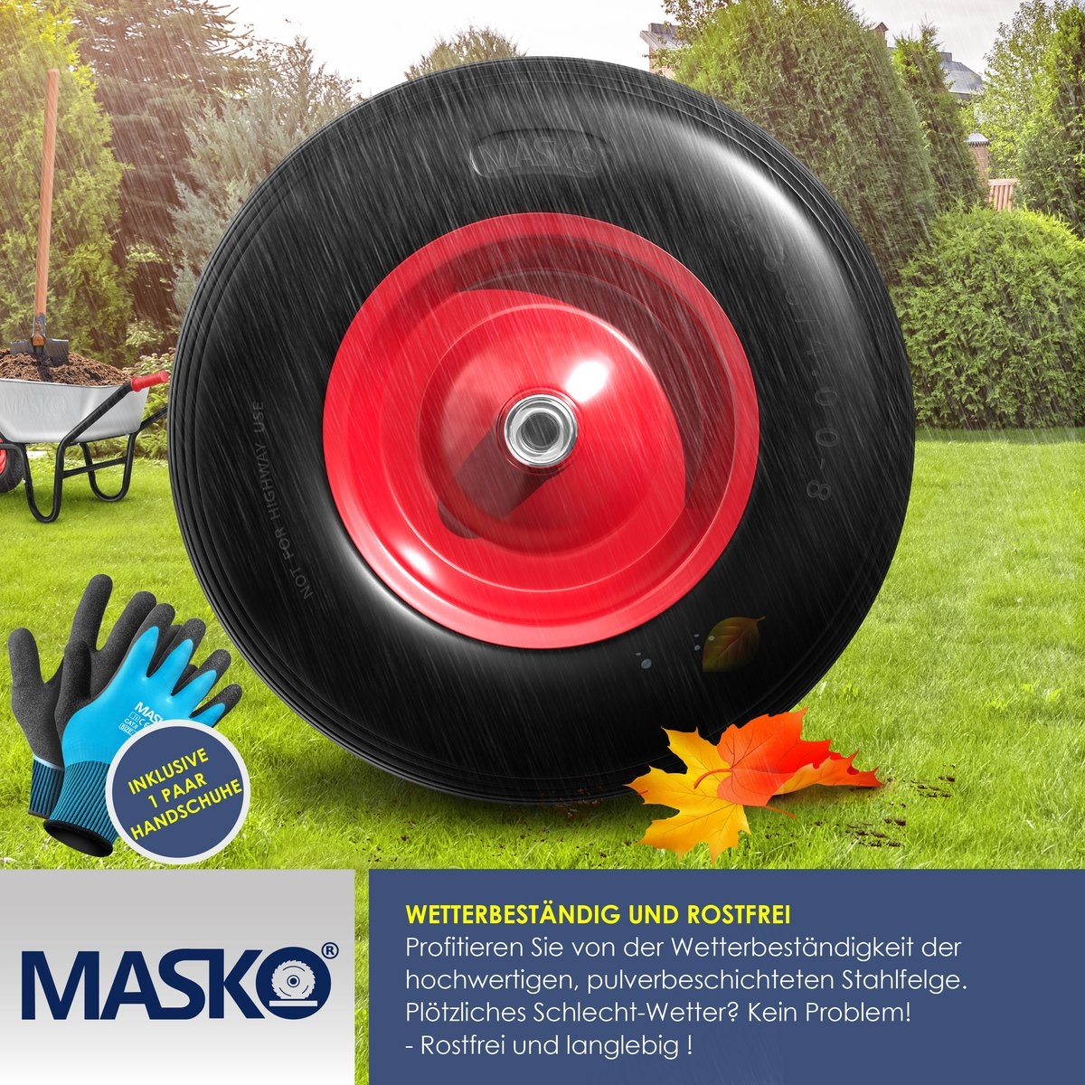 PU Kruiwagenwiel - massief rubber 4.80/4.00-8 Ø 390mm - inclusief as - vervangwiel voor kruiwagen - zwart met rood - Afbeelding 6