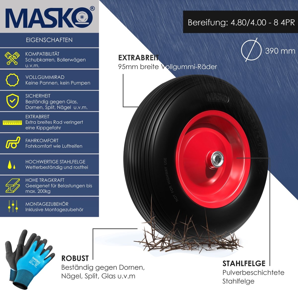 PU Kruiwagenwiel - massief rubber 4.80/4.00-8 Ø 390mm - inclusief as - vervangwiel voor kruiwagen - zwart met rood - Afbeelding 7