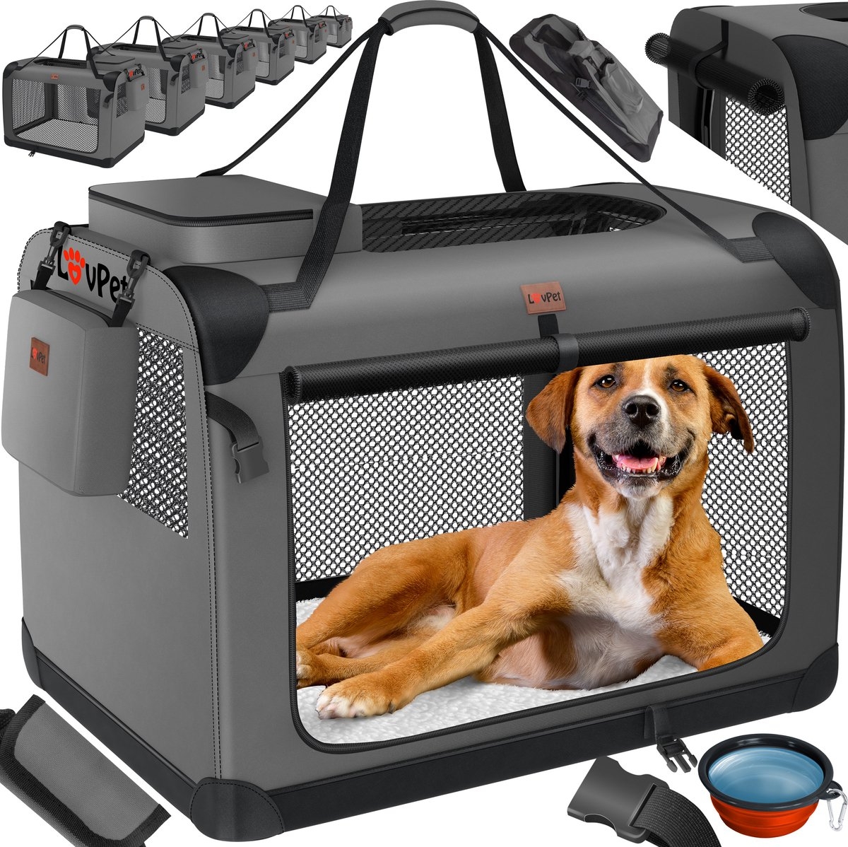 Lovepet - transportbox voor honden - reisbench - opvouwbaar incl. - maat XXL (91.4x63.5x63.5 cm)- grijs