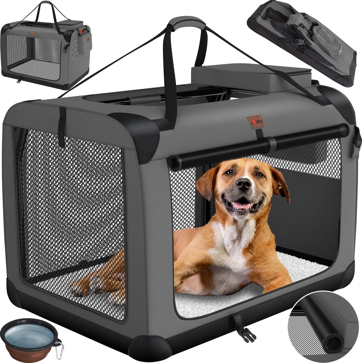 Lovepet - transportbox voor honden - reisbench - opvouwbaar incl. - maat XXL (91.4x63.5x63.5 cm)- grijs - Afbeelding 2
