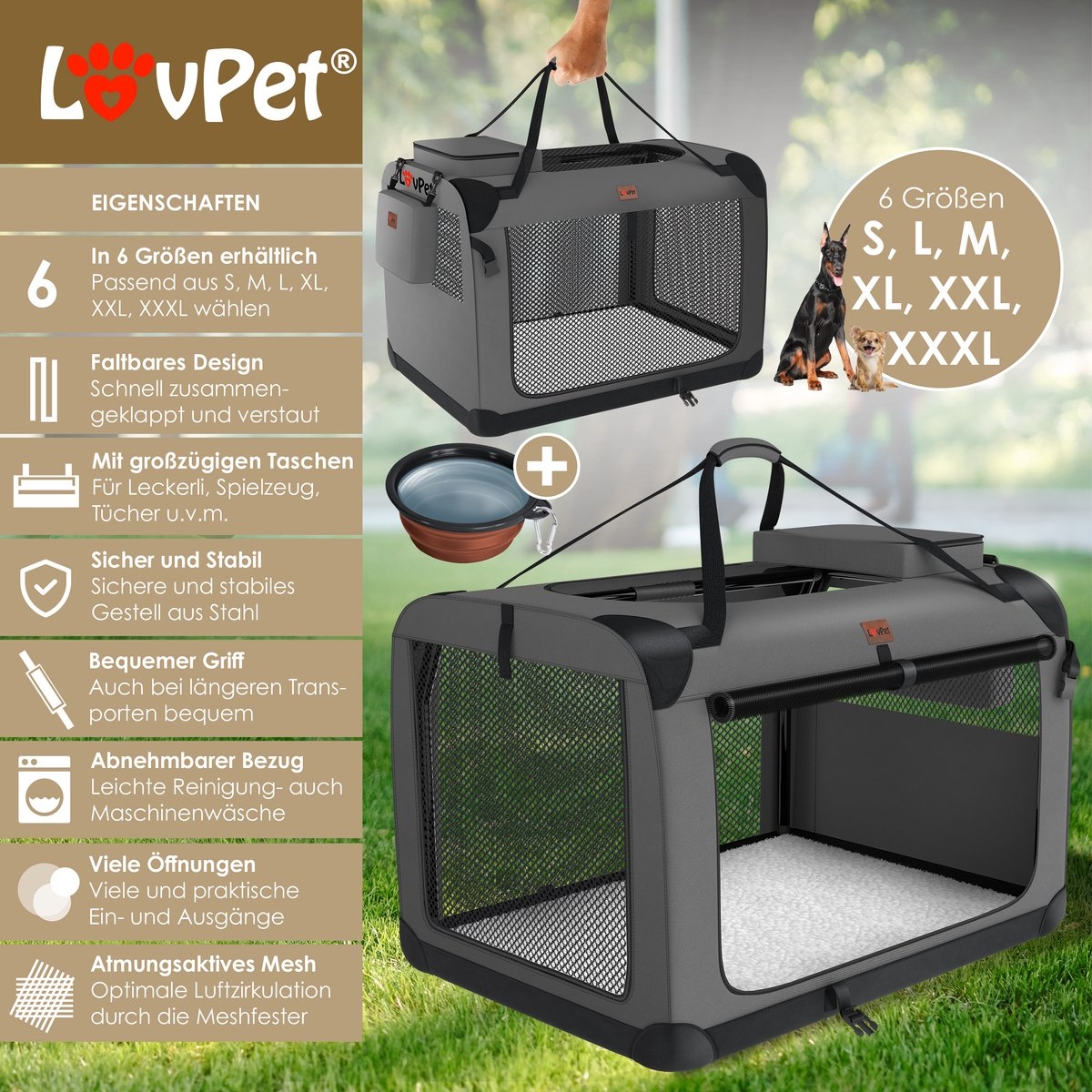 Lovepet - transportbox voor honden - reisbench - opvouwbaar incl. - maat XXL (91.4x63.5x63.5 cm)- grijs - Afbeelding 5