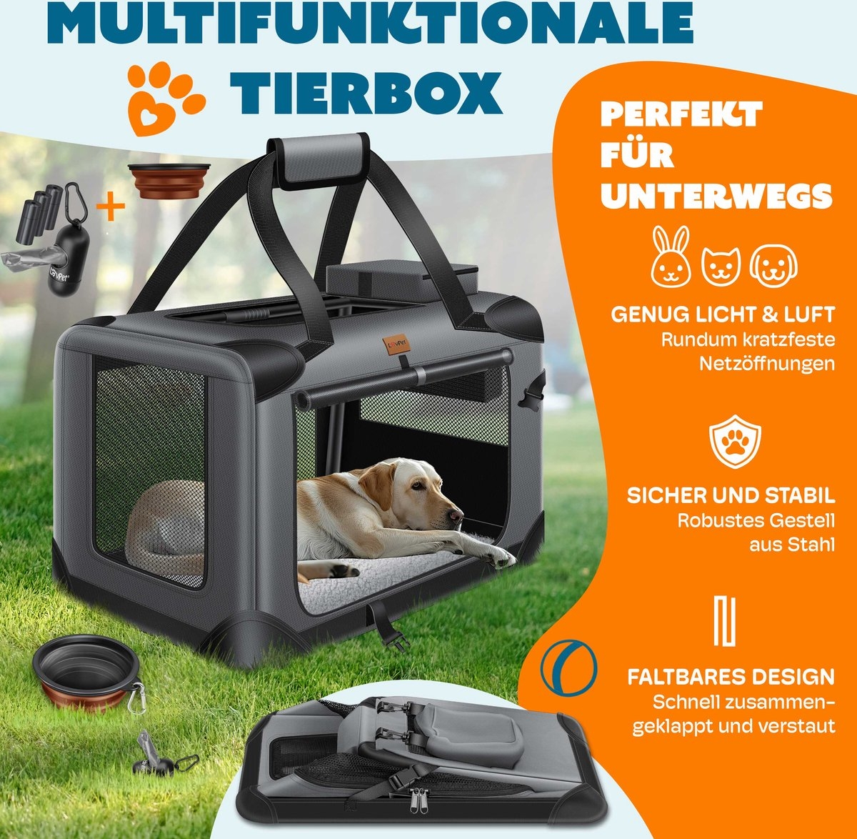 Lovepet - transportbox voor honden - reisbench - opvouwbaar incl. - maat XXL (91.4x63.5x63.5 cm)- grijs - Afbeelding 11
