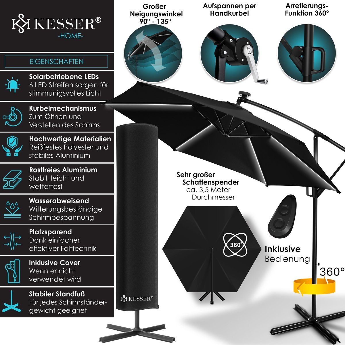 Zweefparasol XL - diameter 350cm - met LED op zonne-energie - 360° draaibaar - zwart - hangparasol met beschermhoes - Afbeelding 2