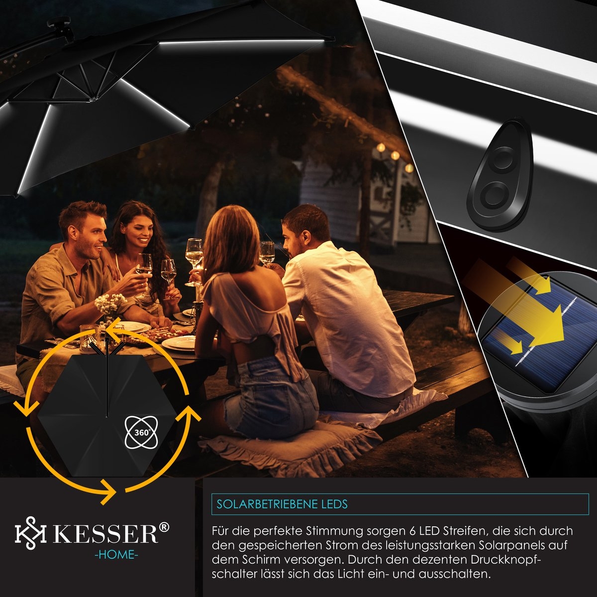 Zweefparasol XL - diameter 350cm - met LED op zonne-energie - 360° draaibaar - zwart - hangparasol met beschermhoes - Afbeelding 4