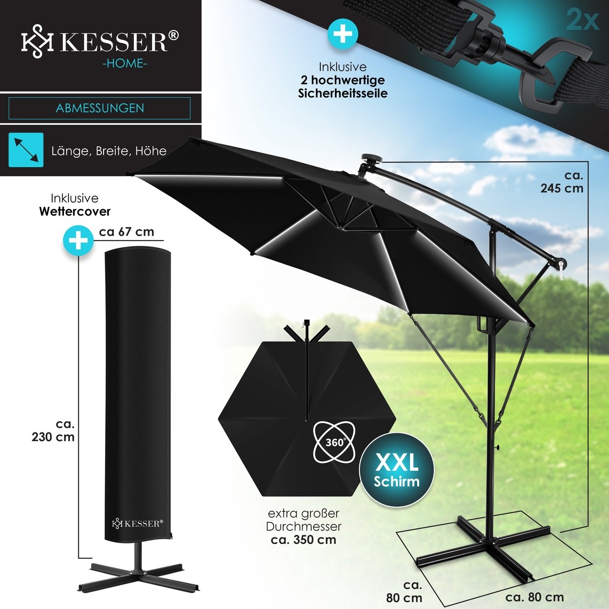 Zweefparasol XL - diameter 350cm - met LED op zonne-energie - 360° draaibaar - zwart - hangparasol met beschermhoes - Afbeelding 5