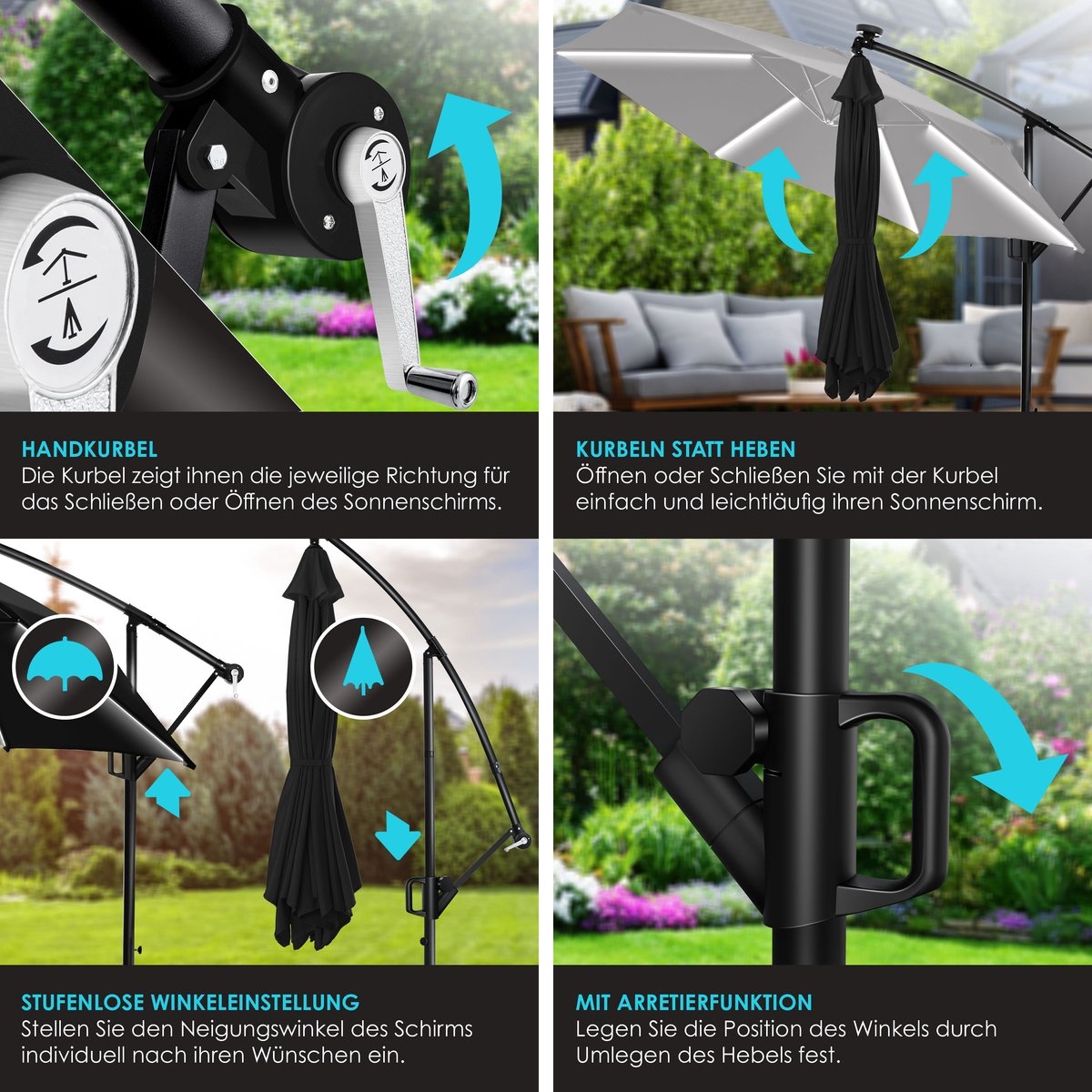 Zweefparasol XL - diameter 350cm - met LED op zonne-energie - 360° draaibaar - zwart - hangparasol met beschermhoes - Afbeelding 7