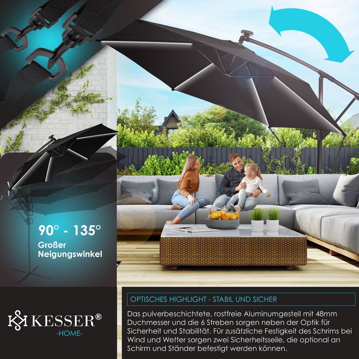 Zweefparasol XL - diameter 350cm - met LED op zonne-energie - 360° draaibaar - zwart - hangparasol met beschermhoes - Afbeelding 8