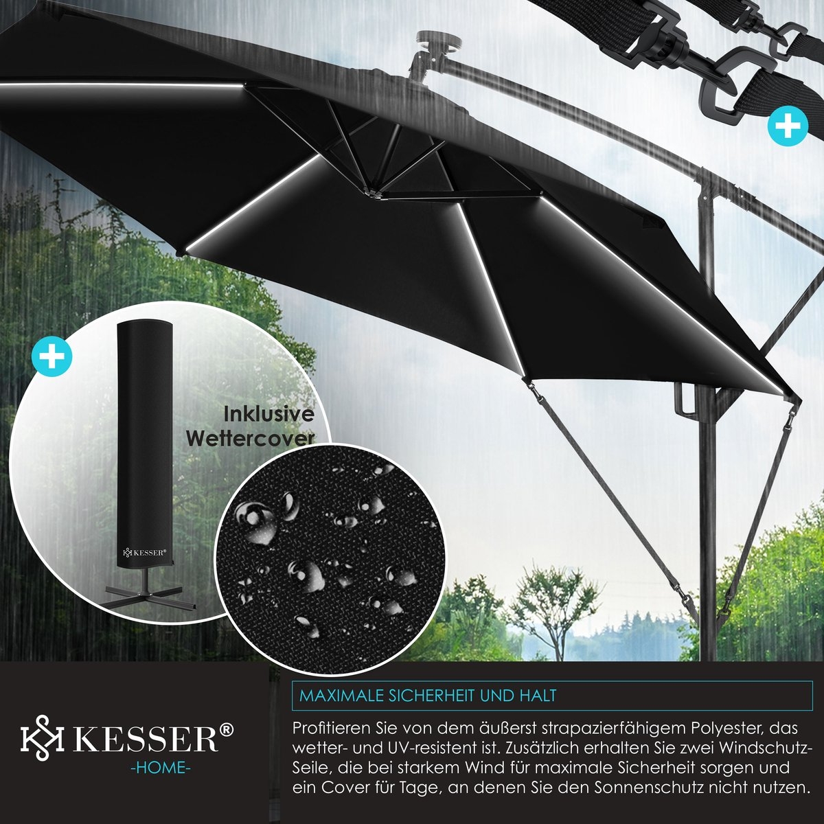 Zweefparasol XL - diameter 350cm - met LED op zonne-energie - 360° draaibaar - zwart - hangparasol met beschermhoes - Afbeelding 9