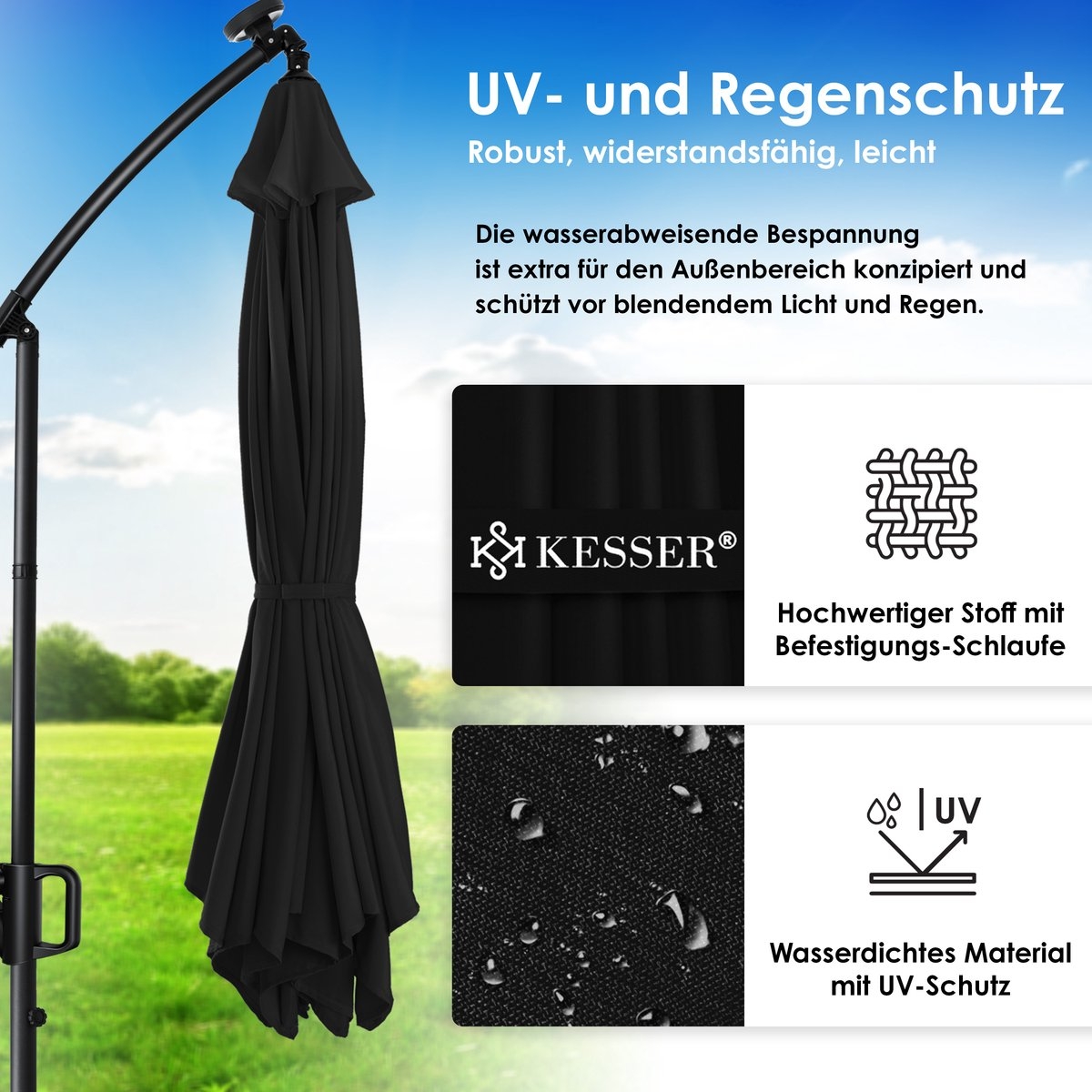 Zweefparasol XL - diameter 350cm - met LED op zonne-energie - 360° draaibaar - zwart - hangparasol met beschermhoes - Afbeelding 10