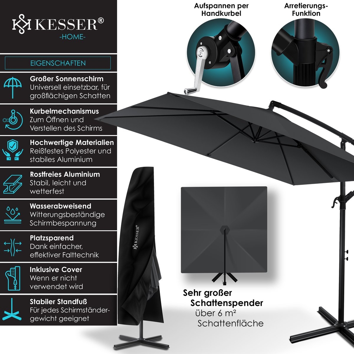 Zweefparasol holly - vierkant - diameter 350 cm - met hoes - antraciet - Afbeelding 5