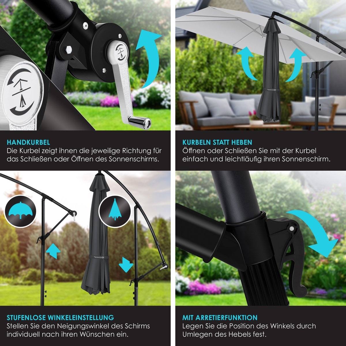 Zweefparasol holly - vierkant - diameter 350 cm - met hoes - antraciet - Afbeelding 6