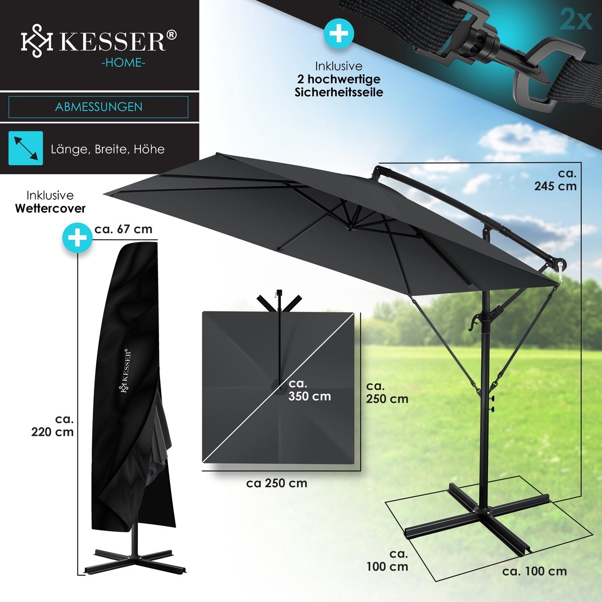Zweefparasol holly - vierkant - diameter 350 cm - met hoes - antraciet - Afbeelding 9
