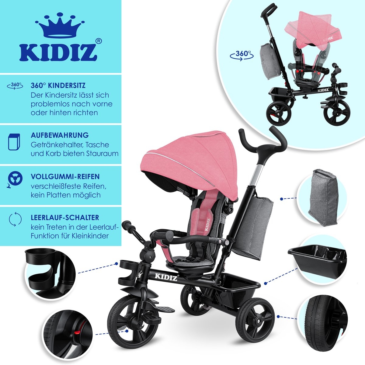 Kidiz – luxe driewieler – met vouwdak – pedalen en duw- en stuurstang – roze - Afbeelding 2