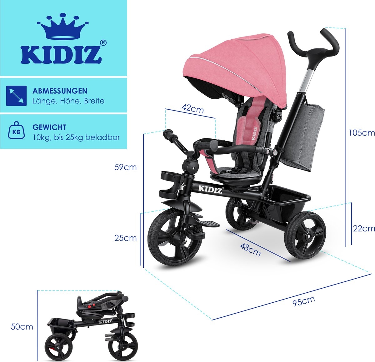 Kidiz – luxe driewieler – met vouwdak – pedalen en duw- en stuurstang – roze - Afbeelding 3