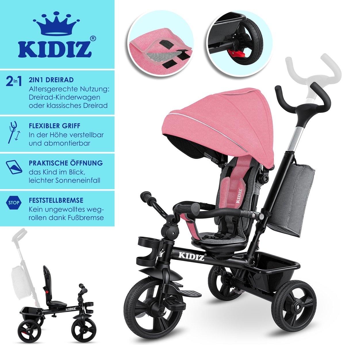 Kidiz – luxe driewieler – met vouwdak – pedalen en duw- en stuurstang – roze - Afbeelding 4