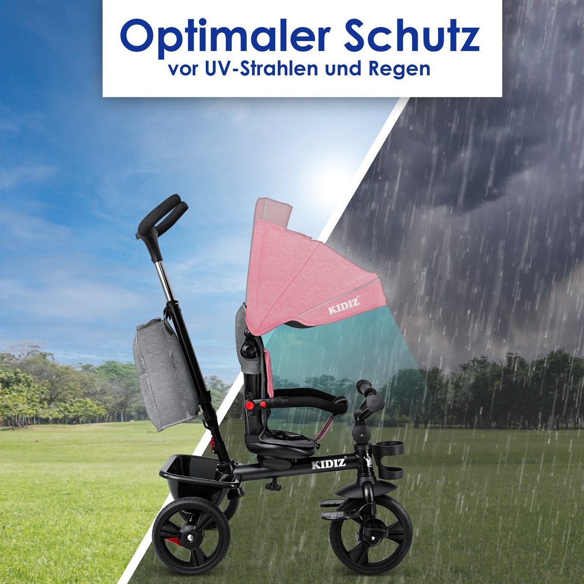 Kidiz – luxe driewieler – met vouwdak – pedalen en duw- en stuurstang – roze - Afbeelding 5