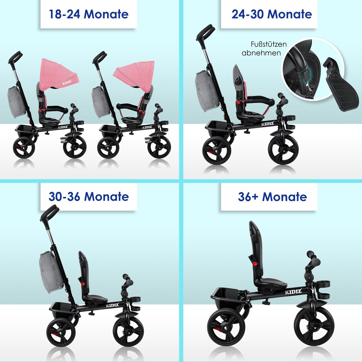 Kidiz – luxe driewieler – met vouwdak – pedalen en duw- en stuurstang – roze - Afbeelding 6