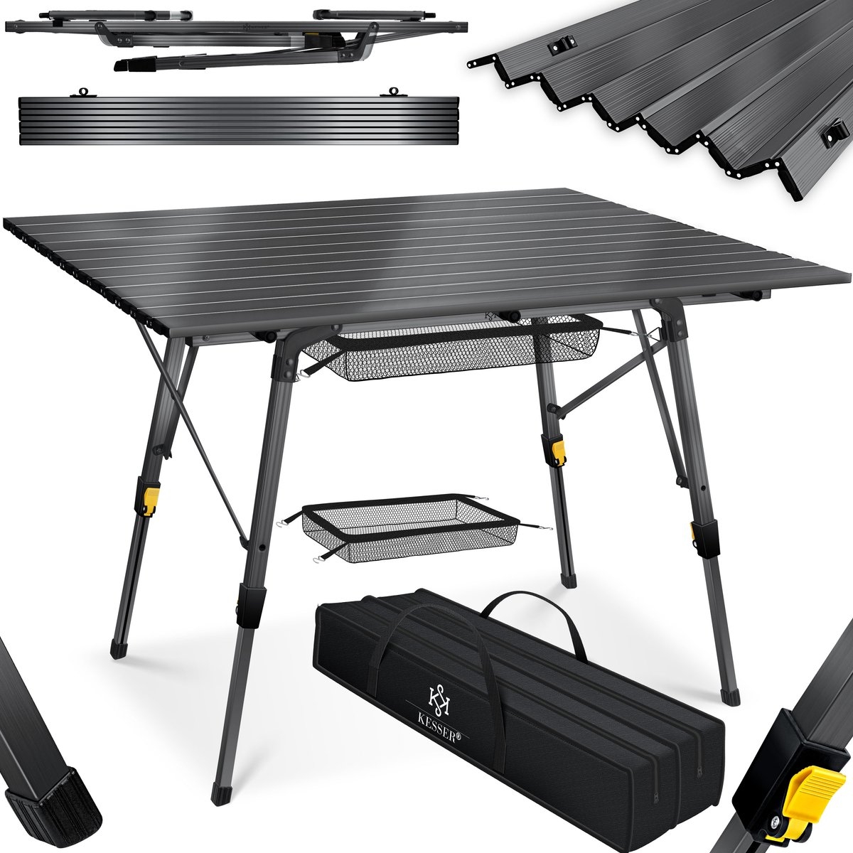 Campingtafel 120x70 cm - opvouwbare klaptafel - aluminium frame - oprolbaar tafelblad - hoogte verstelbaar - met draagtas - antraciet