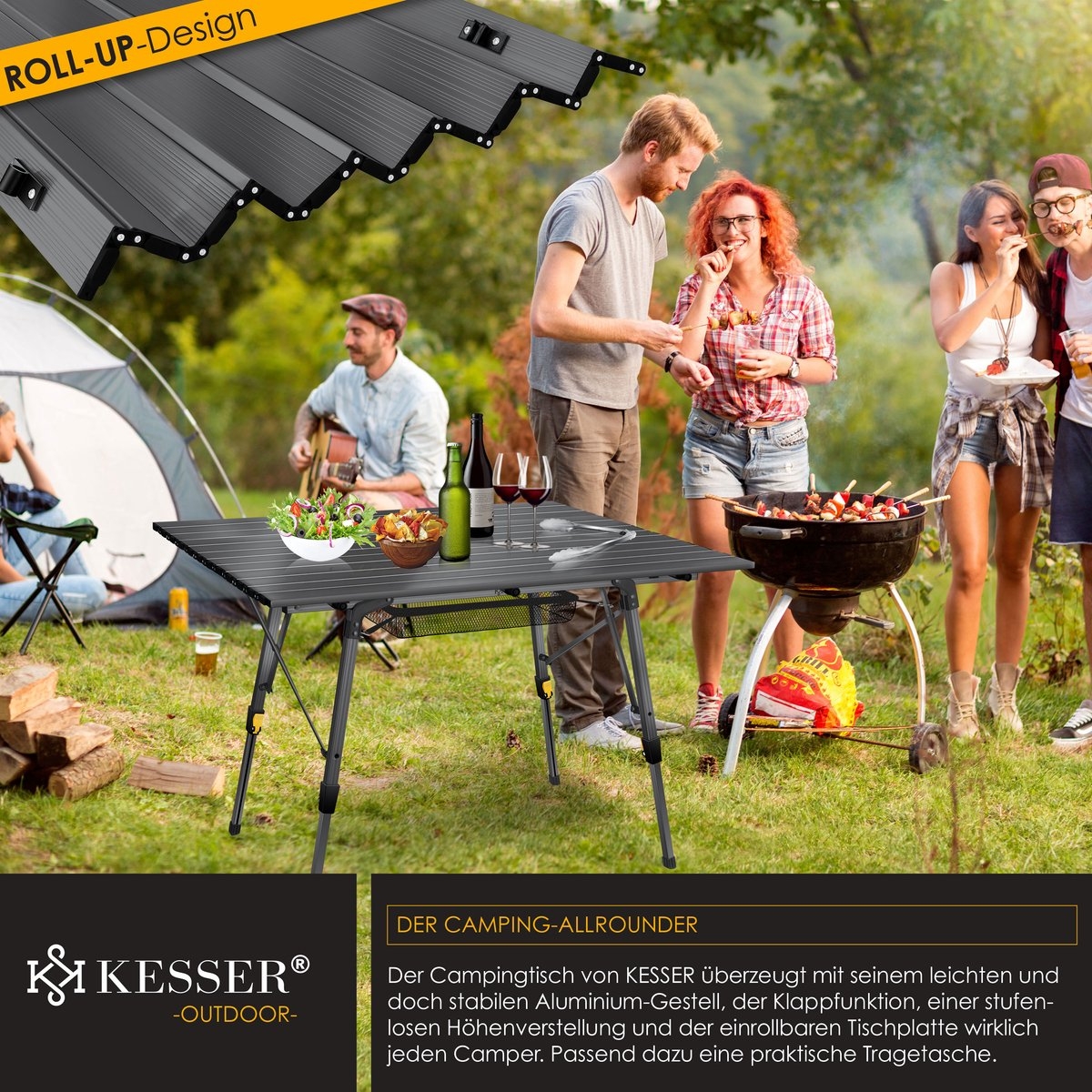 Campingtafel 120x70 cm - opvouwbare klaptafel - aluminium frame - oprolbaar tafelblad - hoogte verstelbaar - met draagtas - antraciet - Afbeelding 3