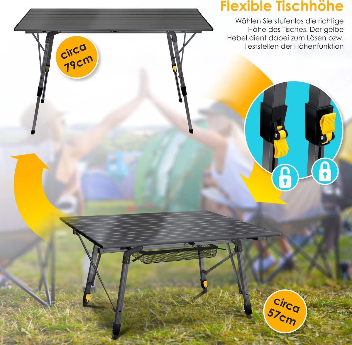 Campingtafel 120x70 cm - opvouwbare klaptafel - aluminium frame - oprolbaar tafelblad - hoogte verstelbaar - met draagtas - antraciet - Afbeelding 4