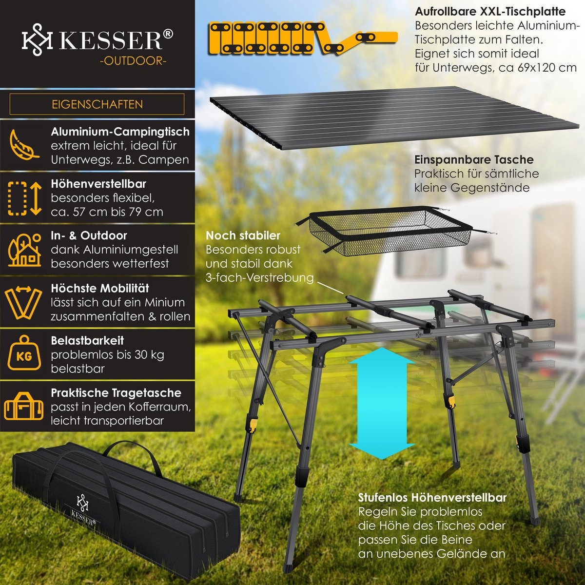 Campingtafel 120x70 cm - opvouwbare klaptafel - aluminium frame - oprolbaar tafelblad - hoogte verstelbaar - met draagtas - antraciet - Afbeelding 5