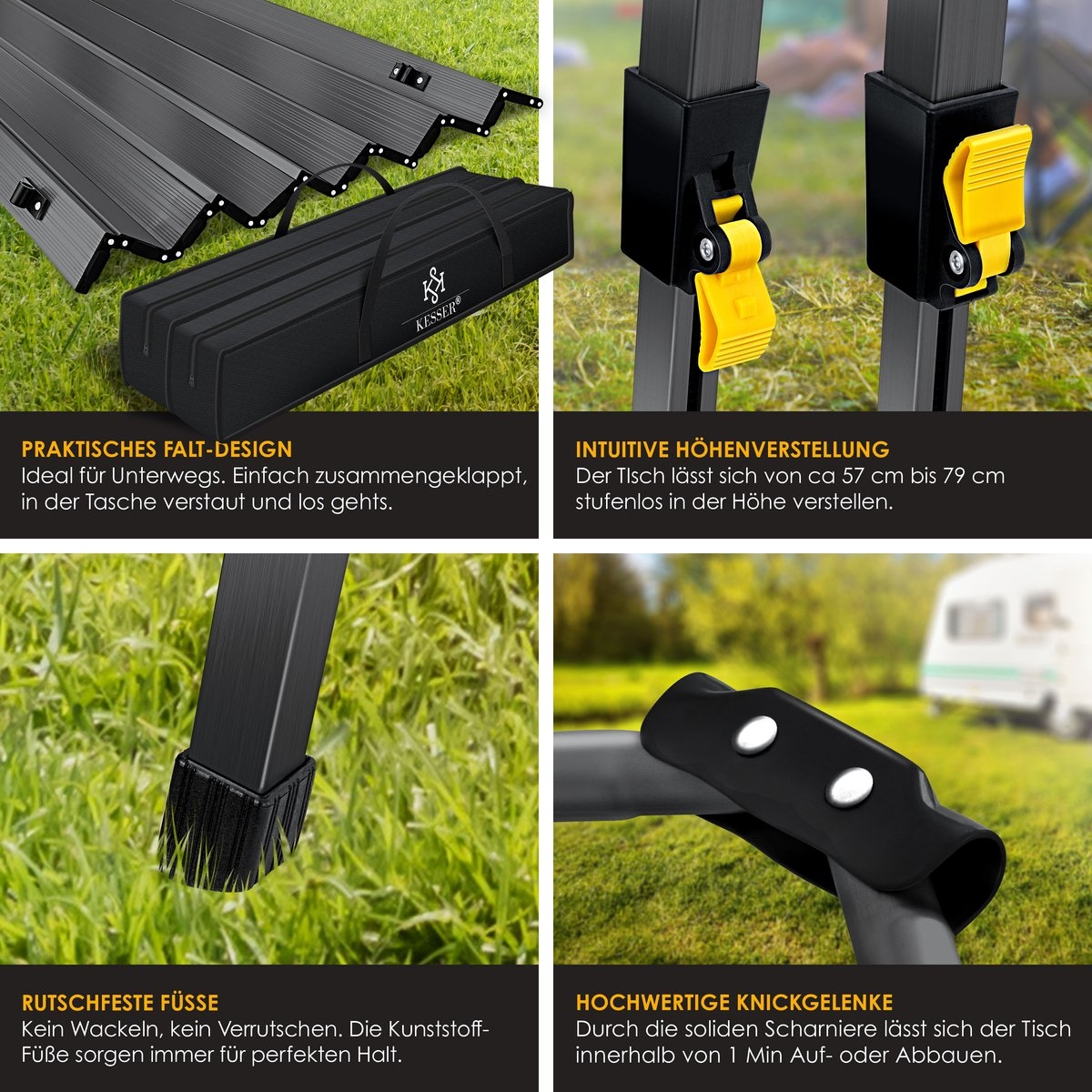 Campingtafel 120x70 cm - opvouwbare klaptafel - aluminium frame - oprolbaar tafelblad - hoogte verstelbaar - met draagtas - antraciet - Afbeelding 6