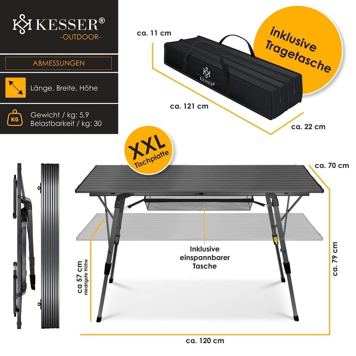 Campingtafel 120x70 cm - opvouwbare klaptafel - aluminium frame - oprolbaar tafelblad - hoogte verstelbaar - met draagtas - antraciet - Afbeelding 8