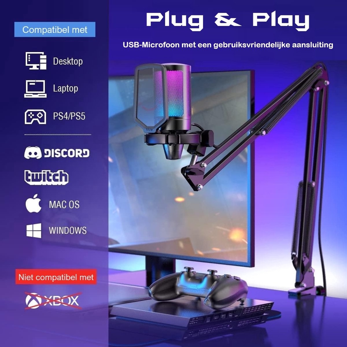 FIFINE A6T - USB gaming / podcast microfoon - met arm van 66cm - geschikt voor PC/PS4/PS5 - RGB - zwart - Afbeelding 3