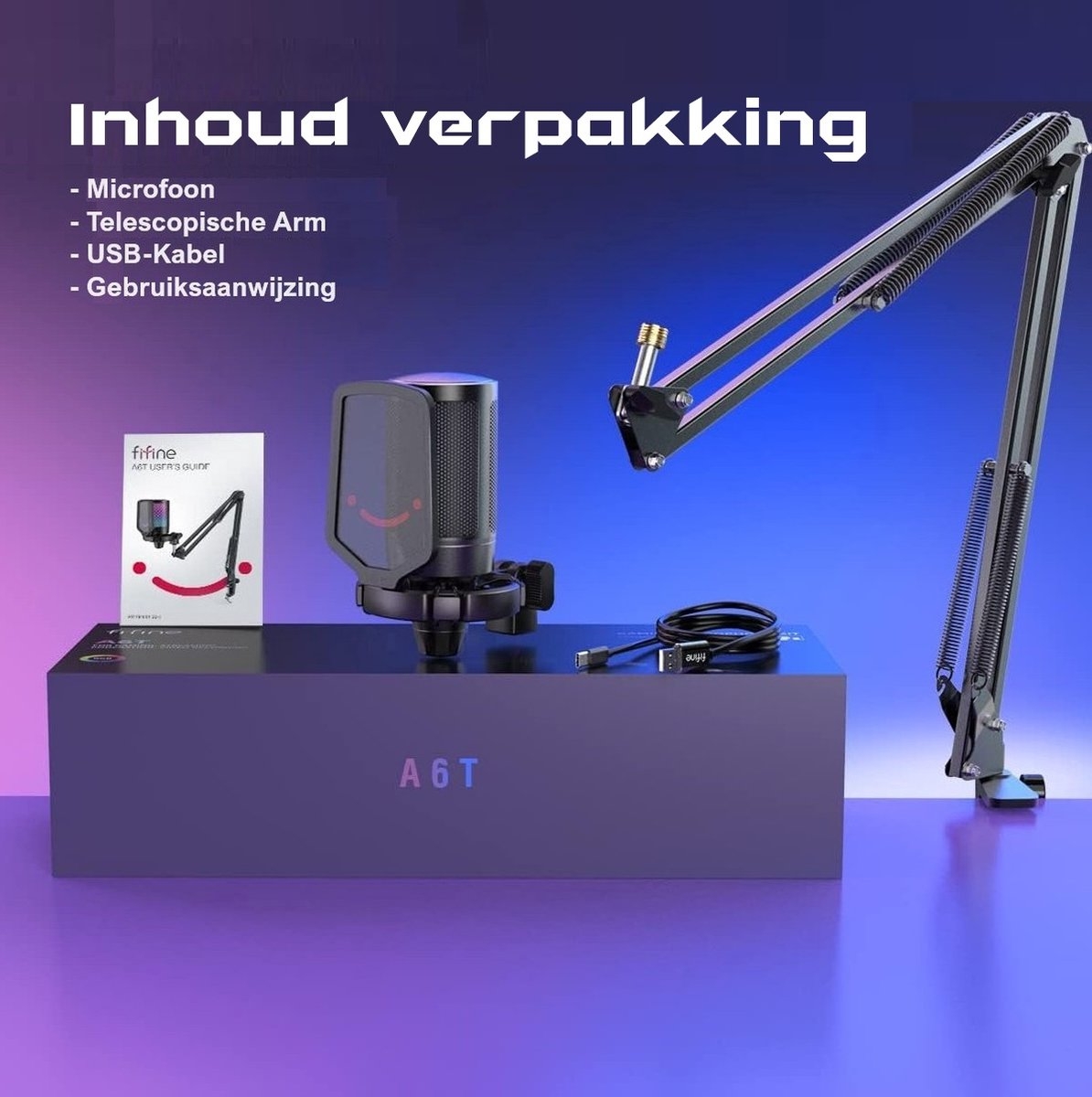 FIFINE A6T - USB gaming / podcast microfoon - met arm van 66cm - geschikt voor PC/PS4/PS5 - RGB - zwart - Afbeelding 4