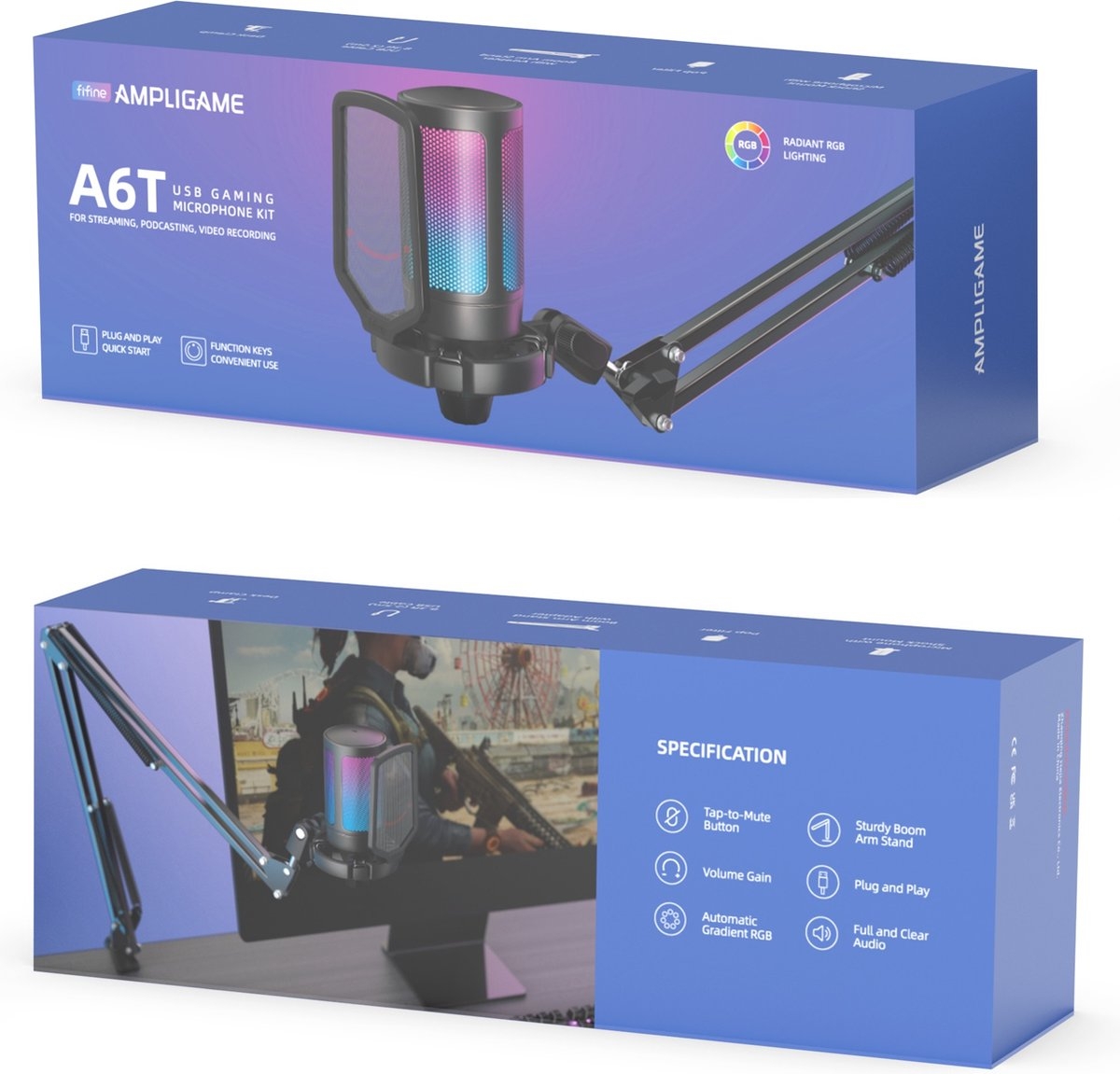 FIFINE A6T - USB gaming / podcast microfoon - met arm van 66cm - geschikt voor PC/PS4/PS5 - RGB - zwart - Afbeelding 10