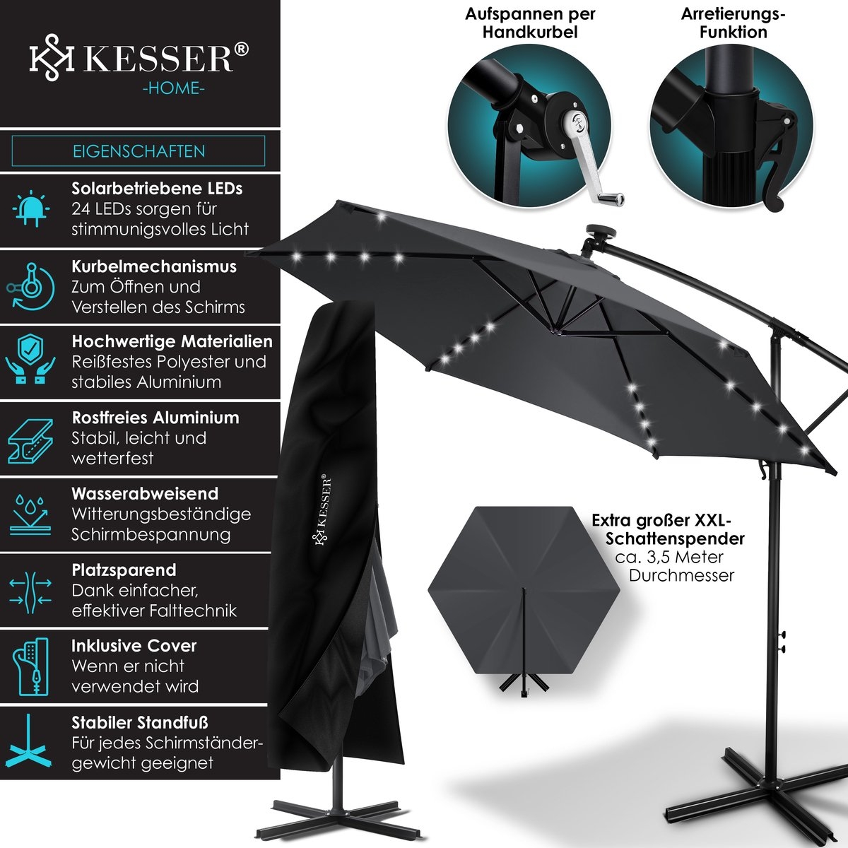 Zweefparasol XL - diameter 350cm - met LED op zonne-energie - 360° draaibaar - grijs antraciet- hangparasol met beschermhoes - Afbeelding 2
