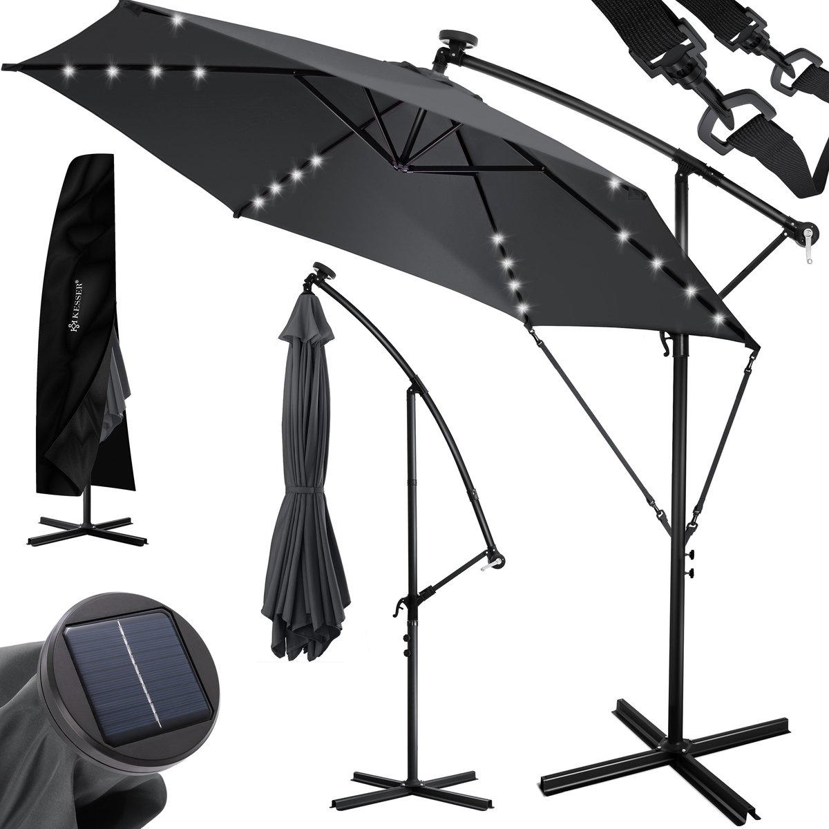 Zweefparasol XL - diameter 350cm - met LED op zonne-energie - 360° draaibaar - grijs antraciet- hangparasol met beschermhoes - Afbeelding 3