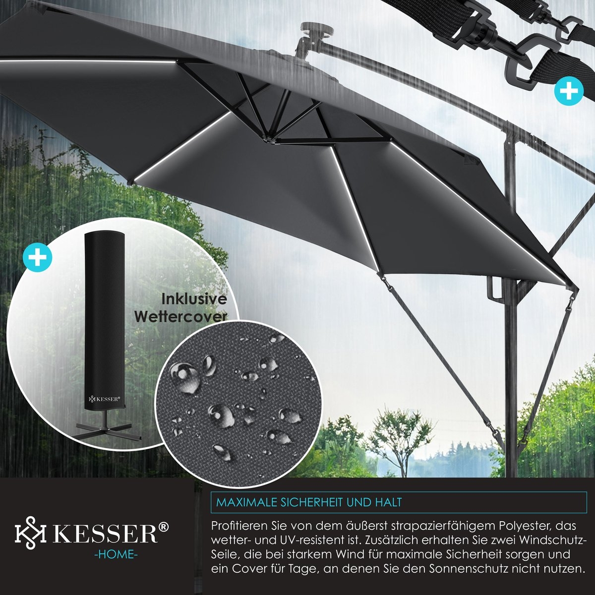 Zweefparasol XL - diameter 350cm - met LED op zonne-energie - 360° draaibaar - grijs antraciet- hangparasol met beschermhoes - Afbeelding 4
