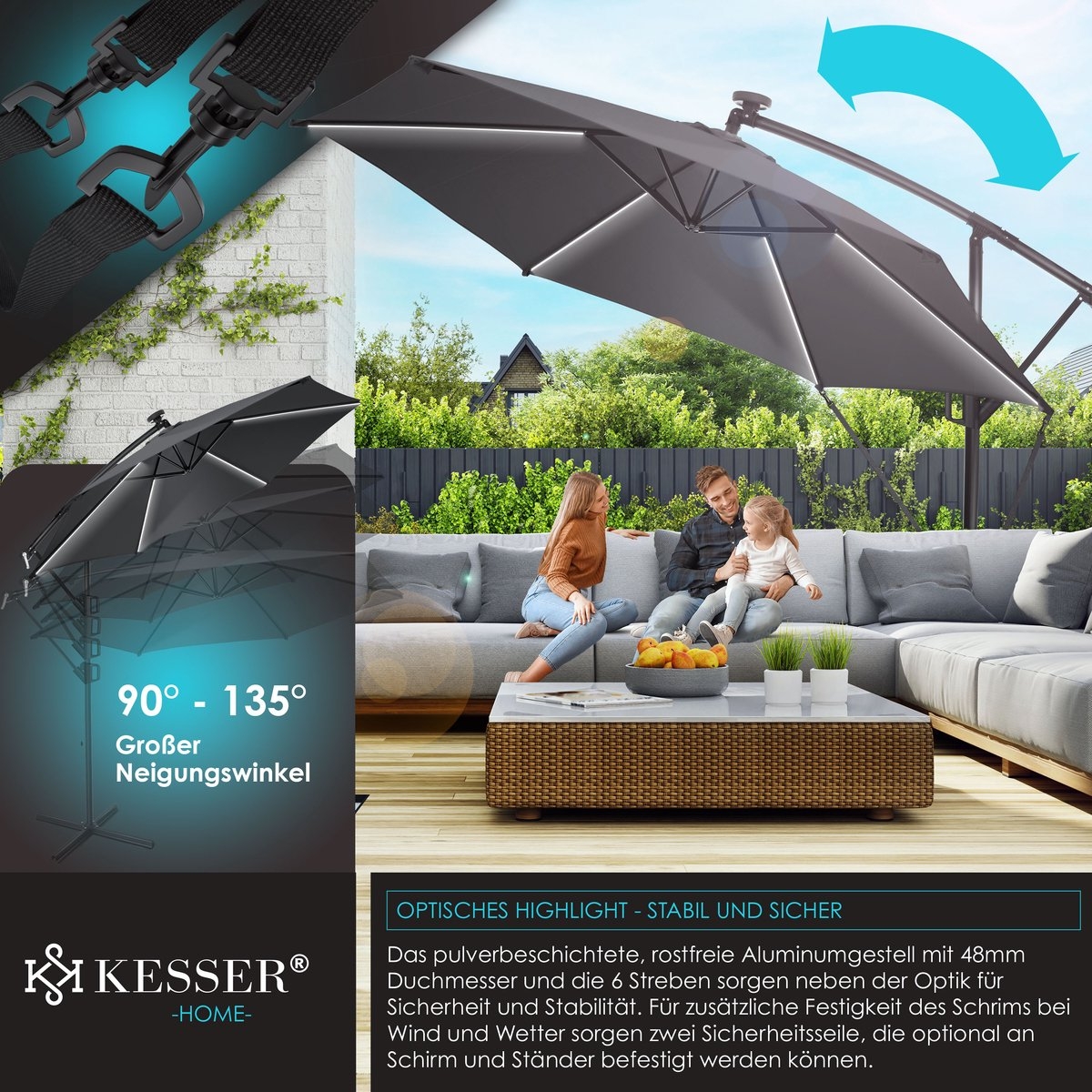 Zweefparasol XL - diameter 350cm - met LED op zonne-energie - 360° draaibaar - grijs antraciet- hangparasol met beschermhoes - Afbeelding 7