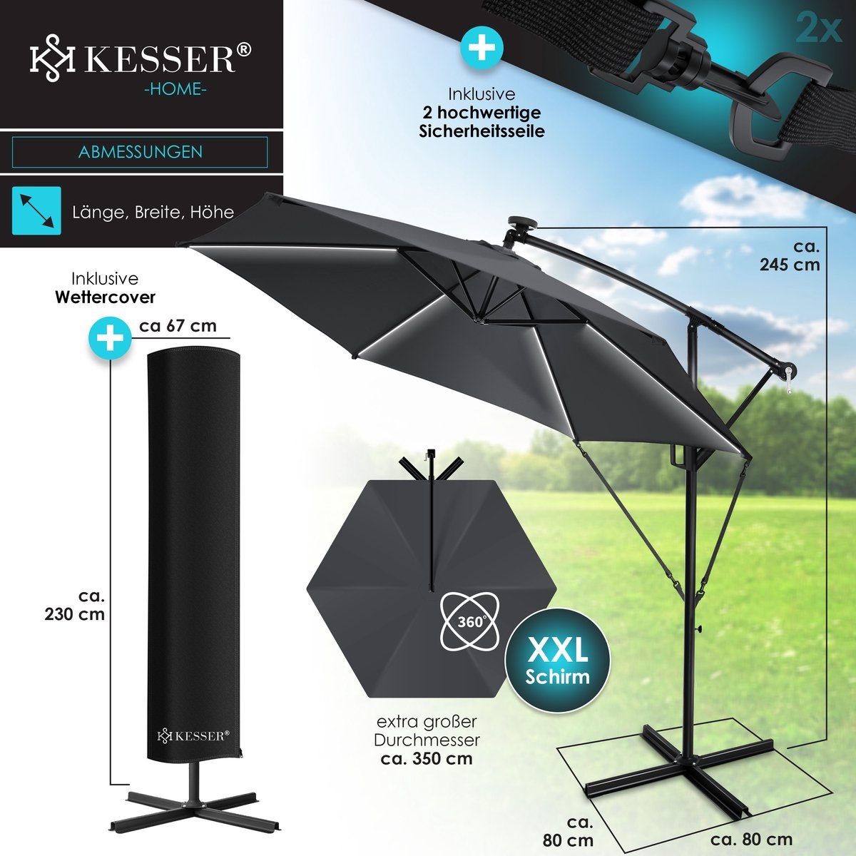 Zweefparasol XL - diameter 350cm - met LED op zonne-energie - 360° draaibaar - grijs antraciet- hangparasol met beschermhoes - Afbeelding 9